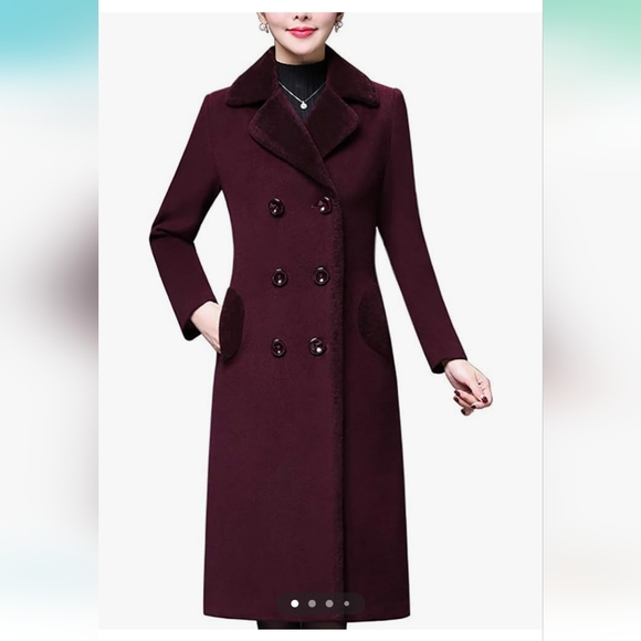 Aprsfn Jackets & Blazers - Women's Long Wool Blended Double Breasted Pea Coat Purple/Wine Color Size Small